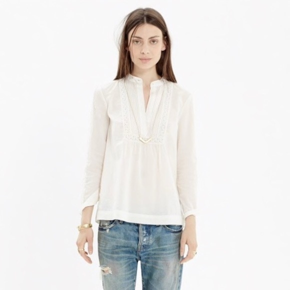 Madewell Cream Eyelet Inset Lace Detail Popover Blouse top size S - Picture 1 of 9